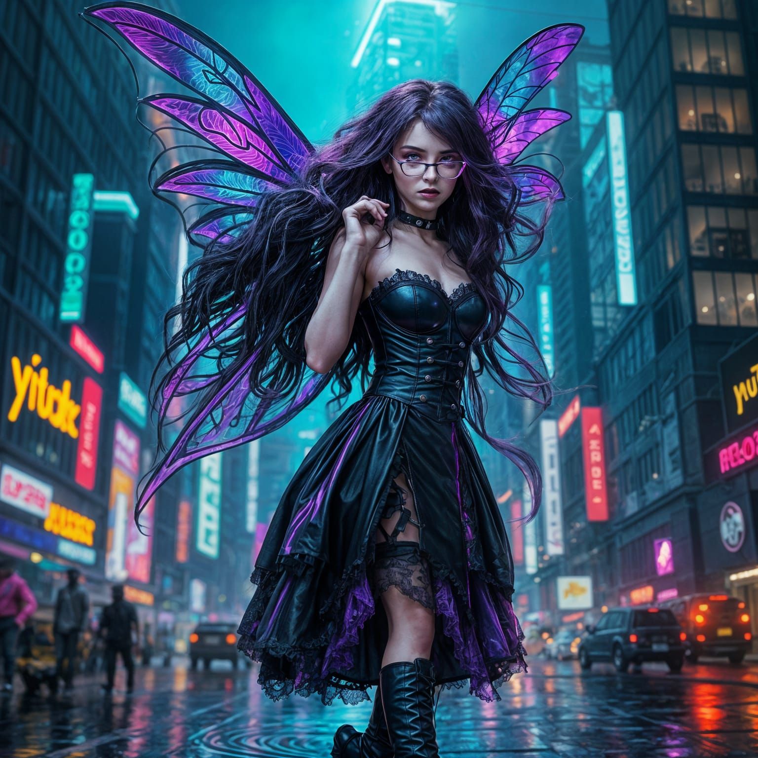 Gothic Cyberpunk Fairy with Neon Iridescent Wings