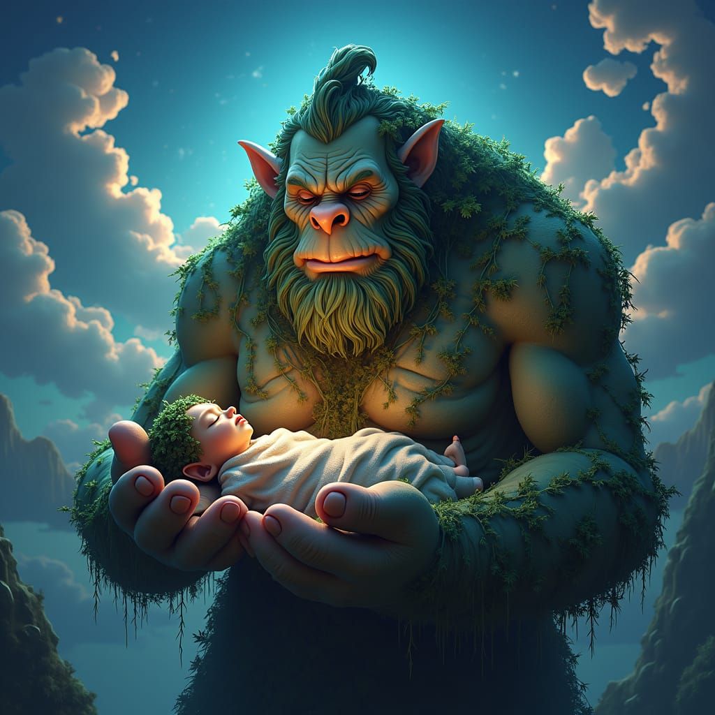 Gentle Bridge Troll Cradles Child: 3D Render