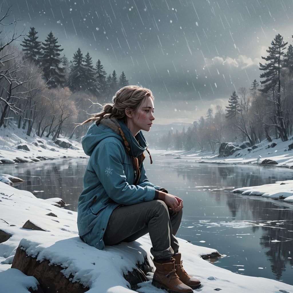 Girl by Snowy River in Art Nouveau Style