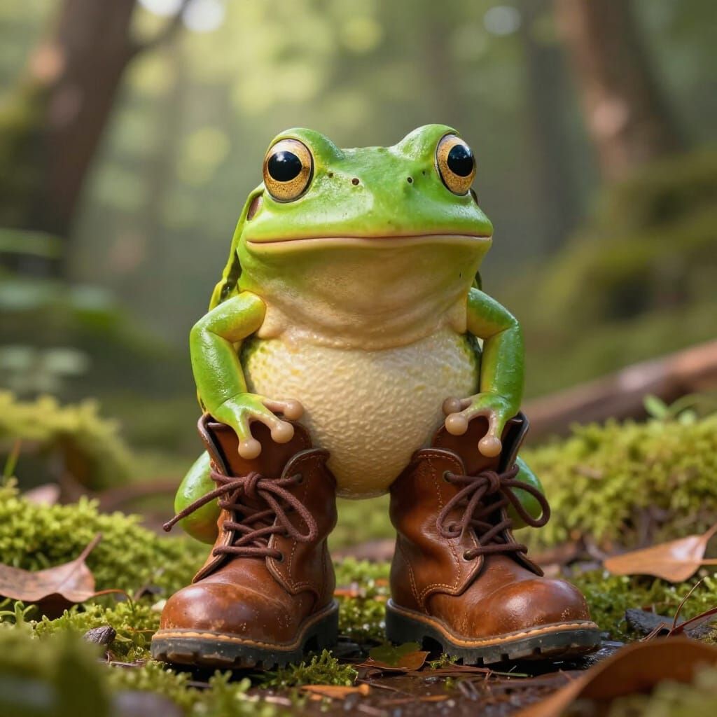 Green Frog Stands Upright in Oversized Boots