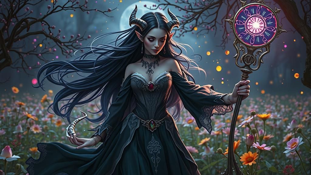 Ethereal Demon in Crystal Flower Field, Dark Fantasy