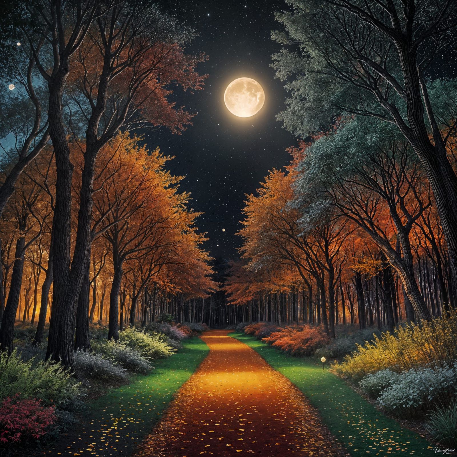 Moonlit Forest Path in Impasto Alcohol Ink Style