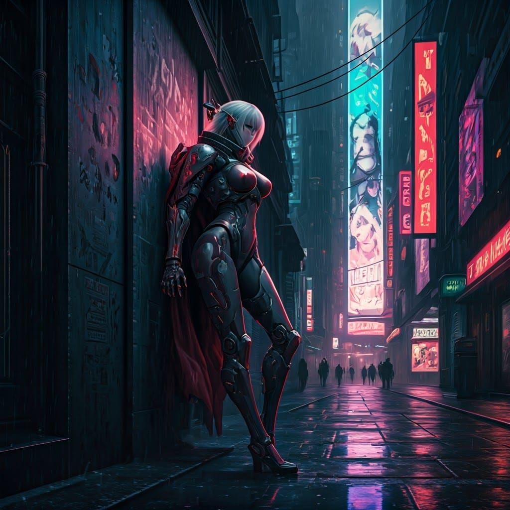 Cyberpunk Anime Soldier on Dystopian Street