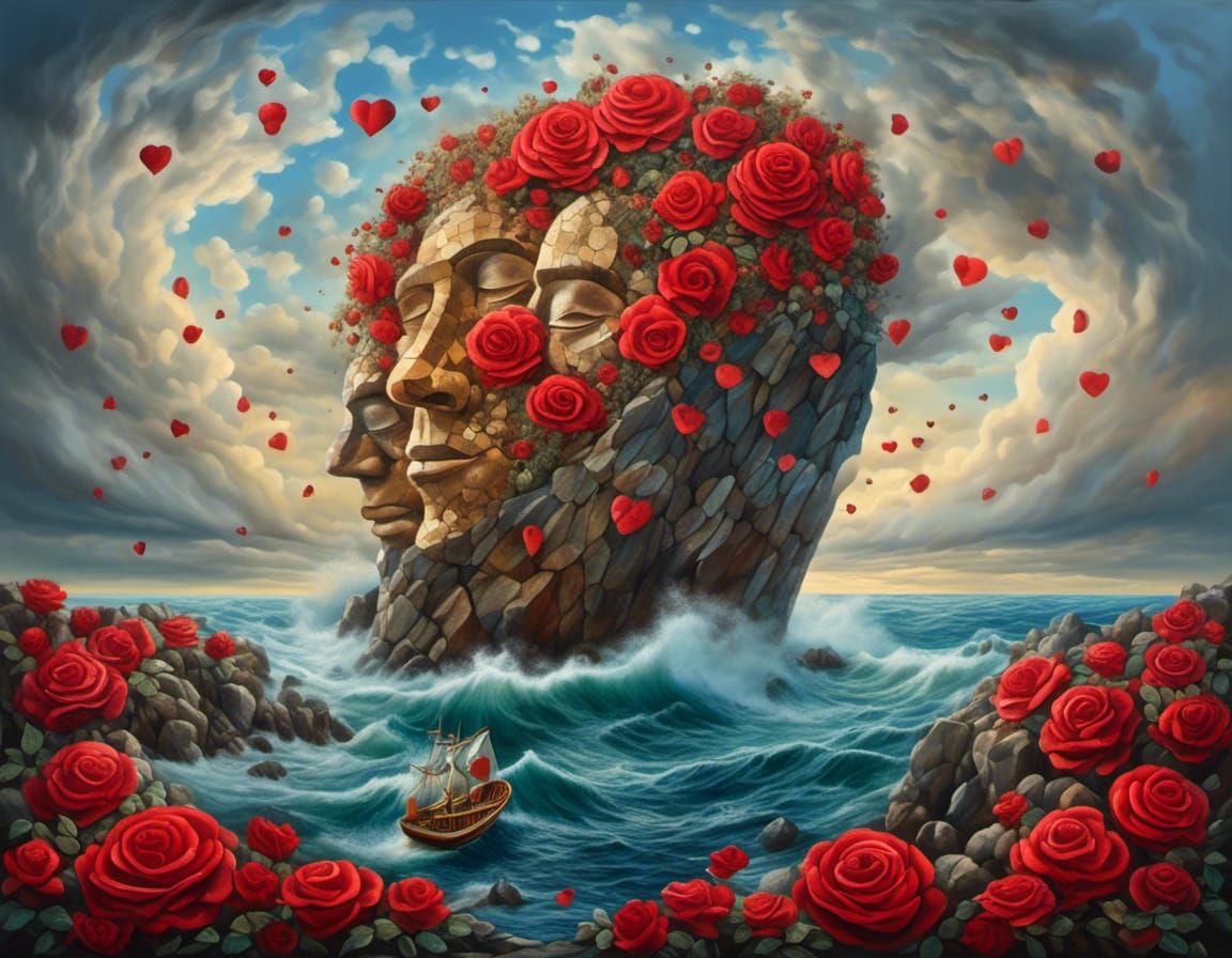 Mosaic Rock Couple in Surreal Seascape