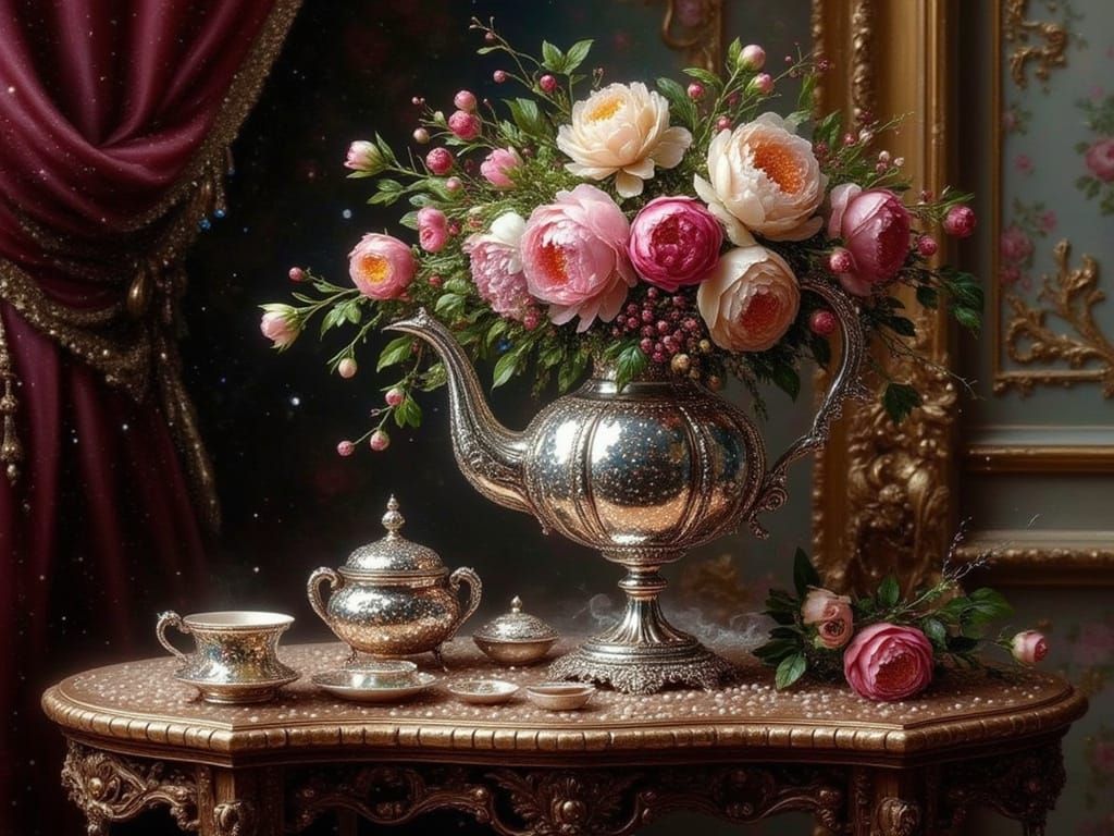 Sterling Silver Coffee Pot With Flowers, Victorian Parlor Sc...