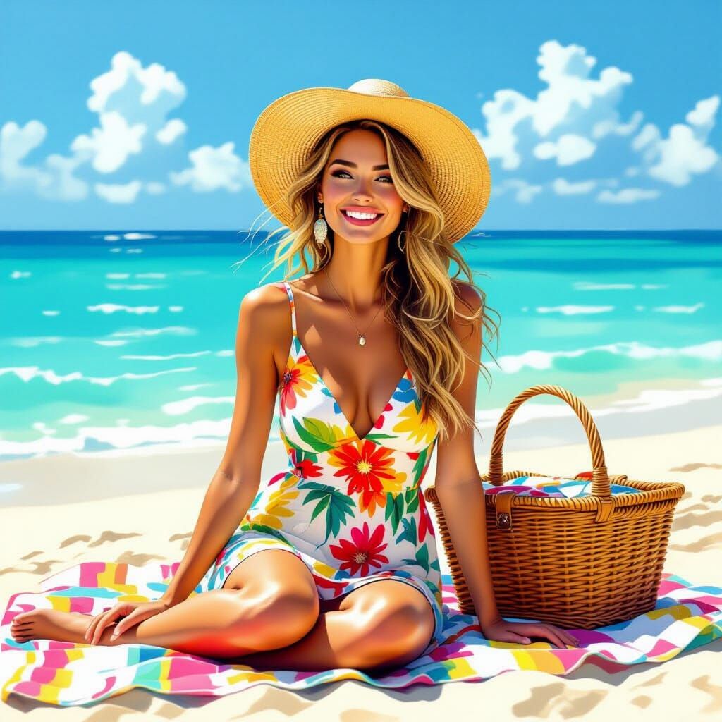 Woman at Beach Picnic in Impressionistic Style