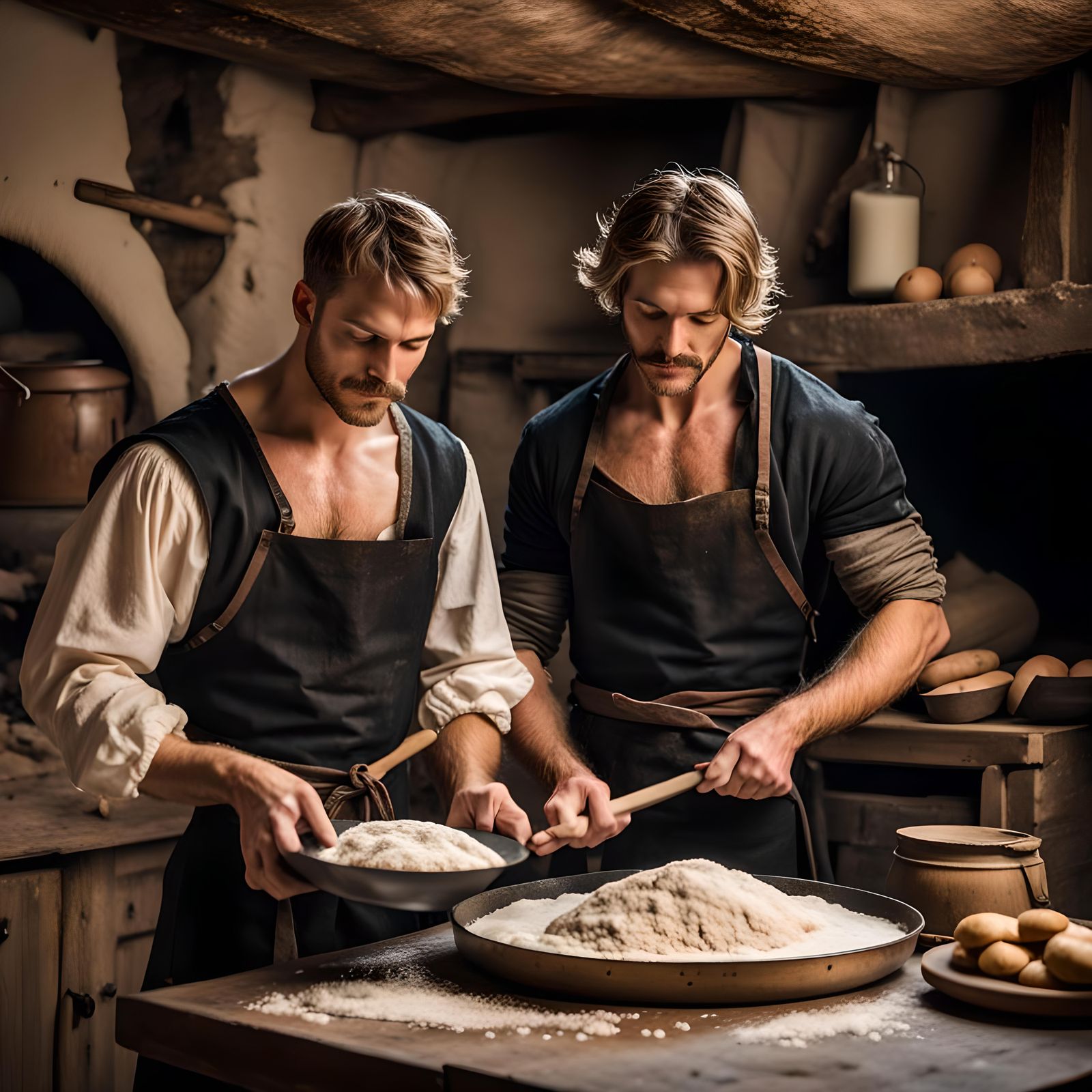 Medieval Kitchen Scene with Two Handsome Men