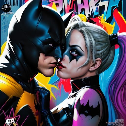 Batman and Harley Quinn Kiss in Comic Book Style