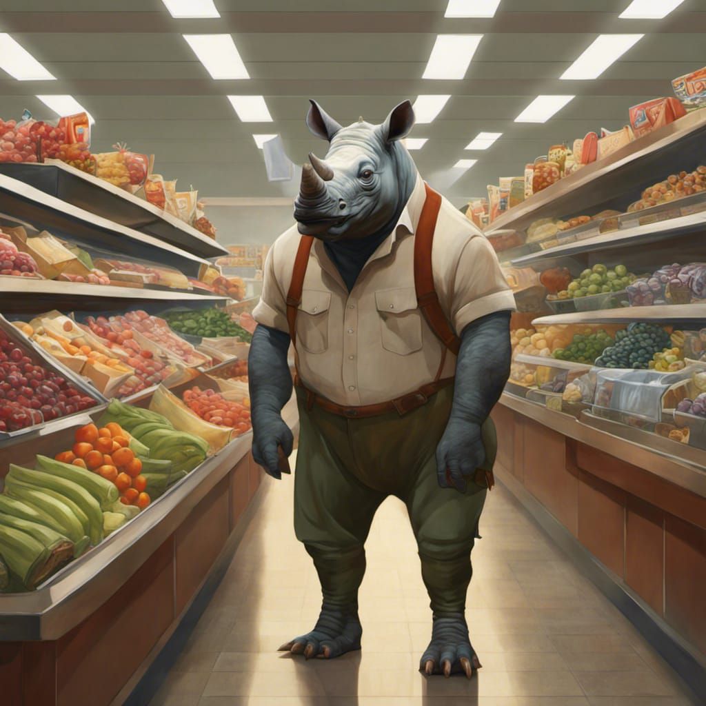 Rhino Shopping at a Supermarket, Comic Book Style