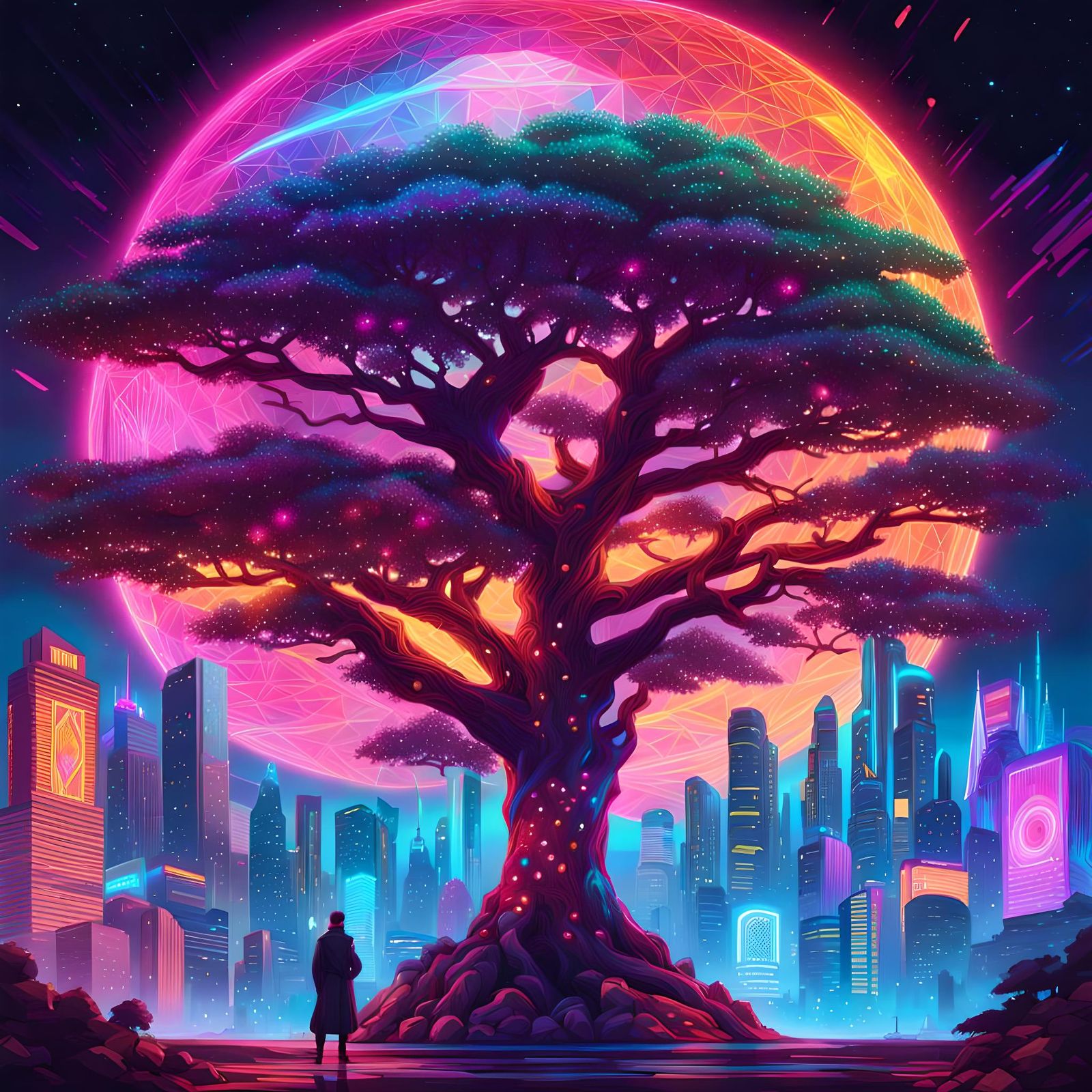 Diamond Tree in Cyberpunk Cityscape: Astral Illustration