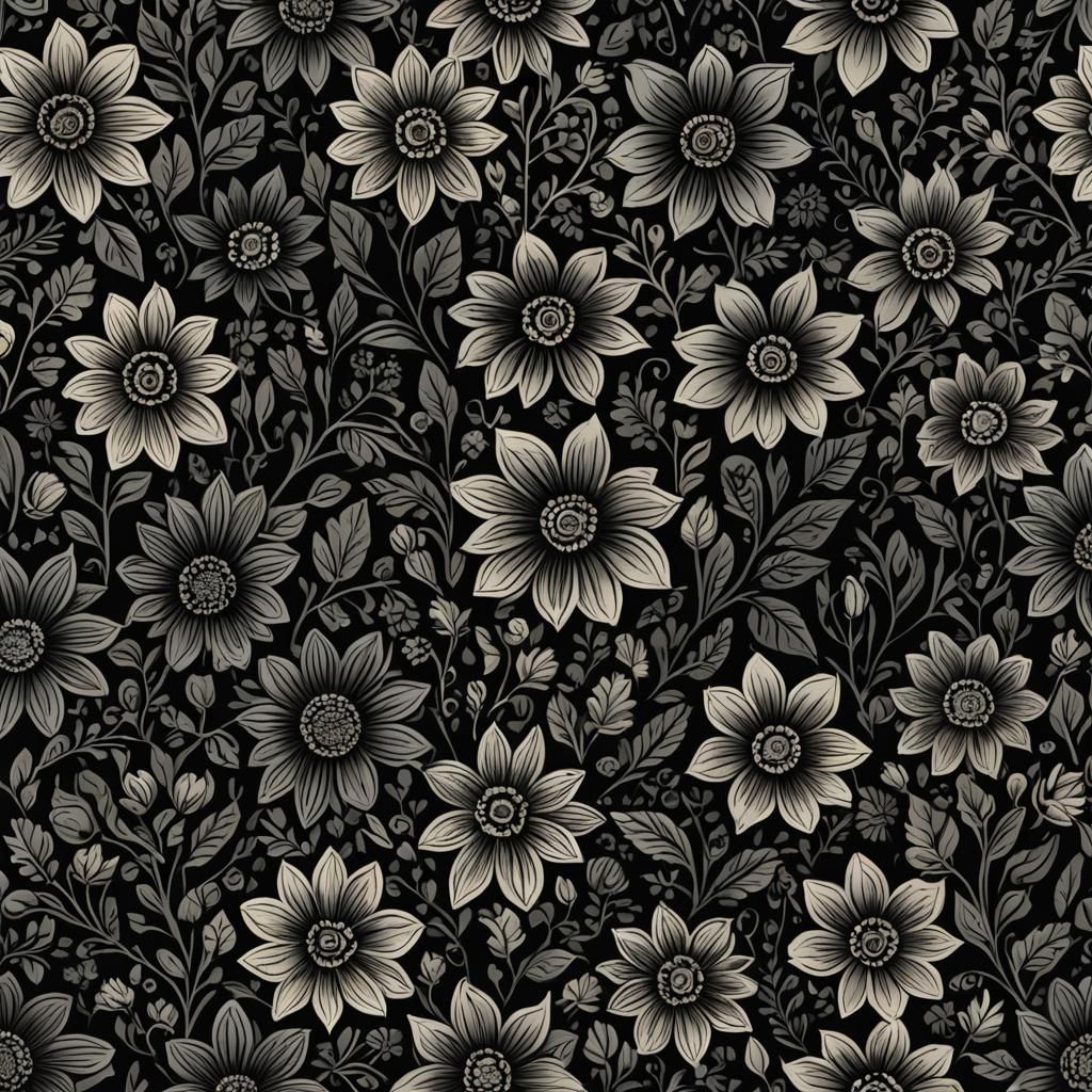 Dark Blooming Flowers in a Repeating Pattern