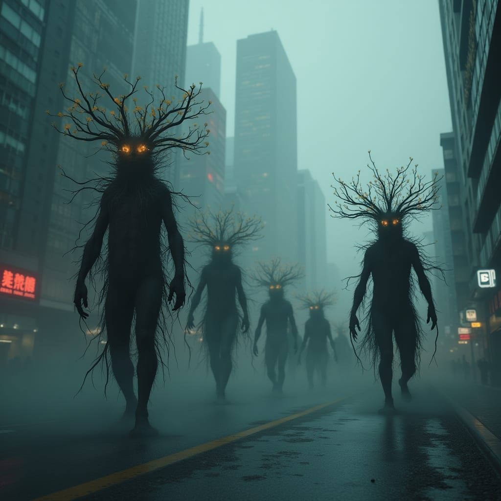 Fog-Shrouded Urban Street Procession in Mystical Style