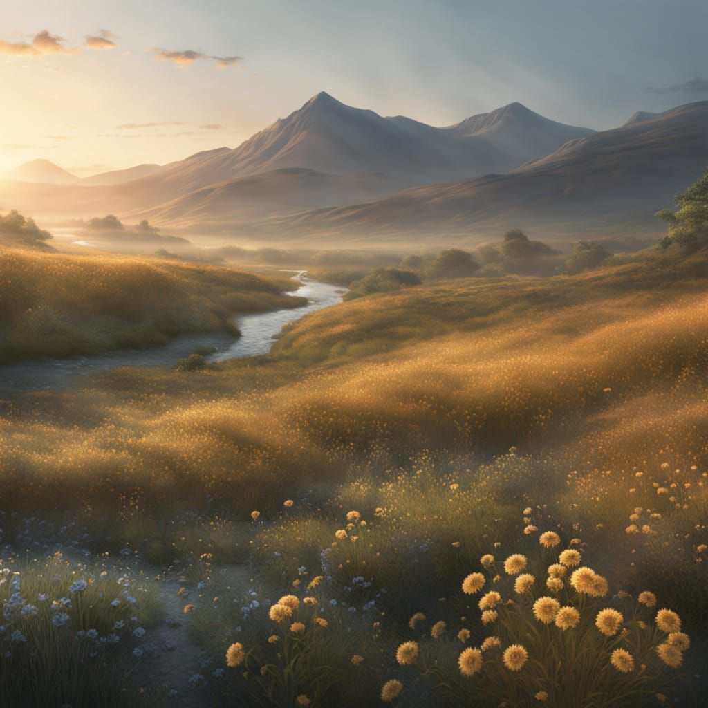 Sunrise Over Misty Hills with Wildflowers