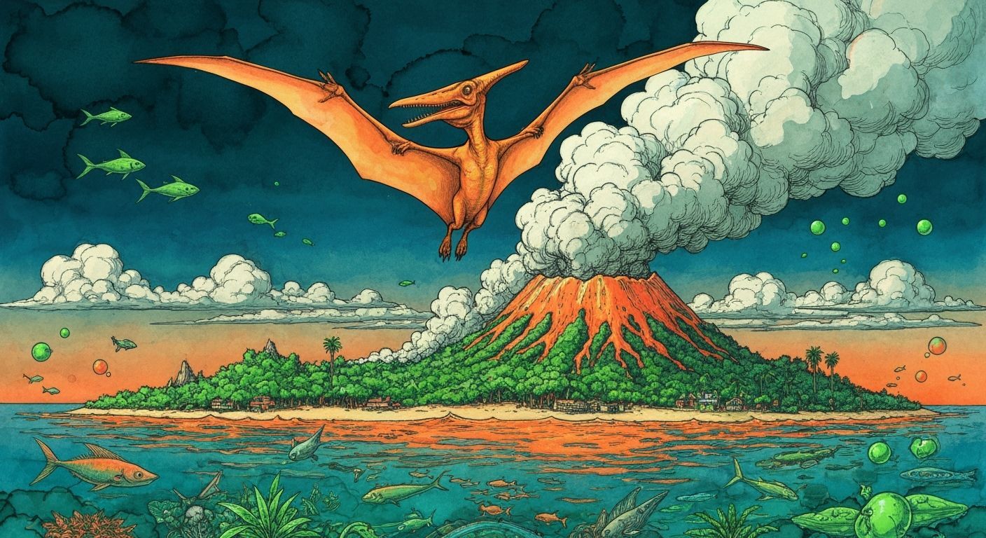 Pterodactyl Soaring Over Volcanic Island, Watercolor Sketch