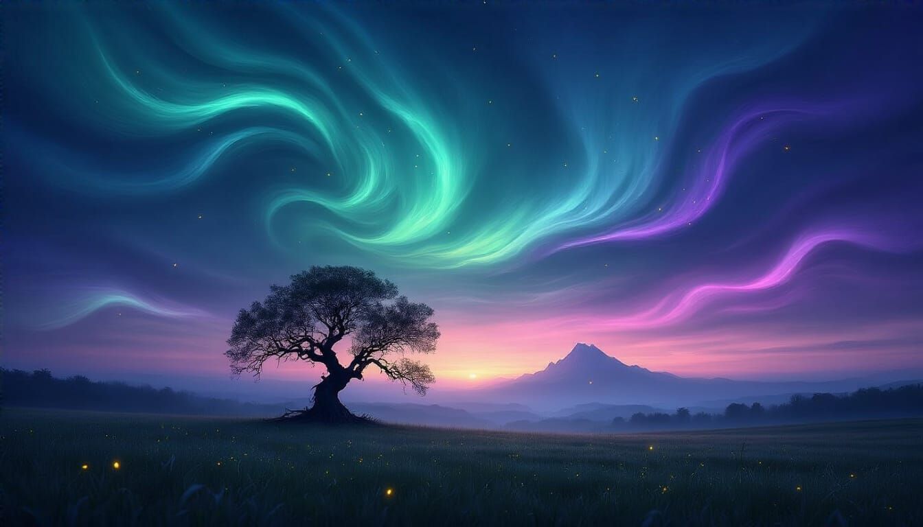 Vast Twilight Sky with Emerald and Violet Nebulae