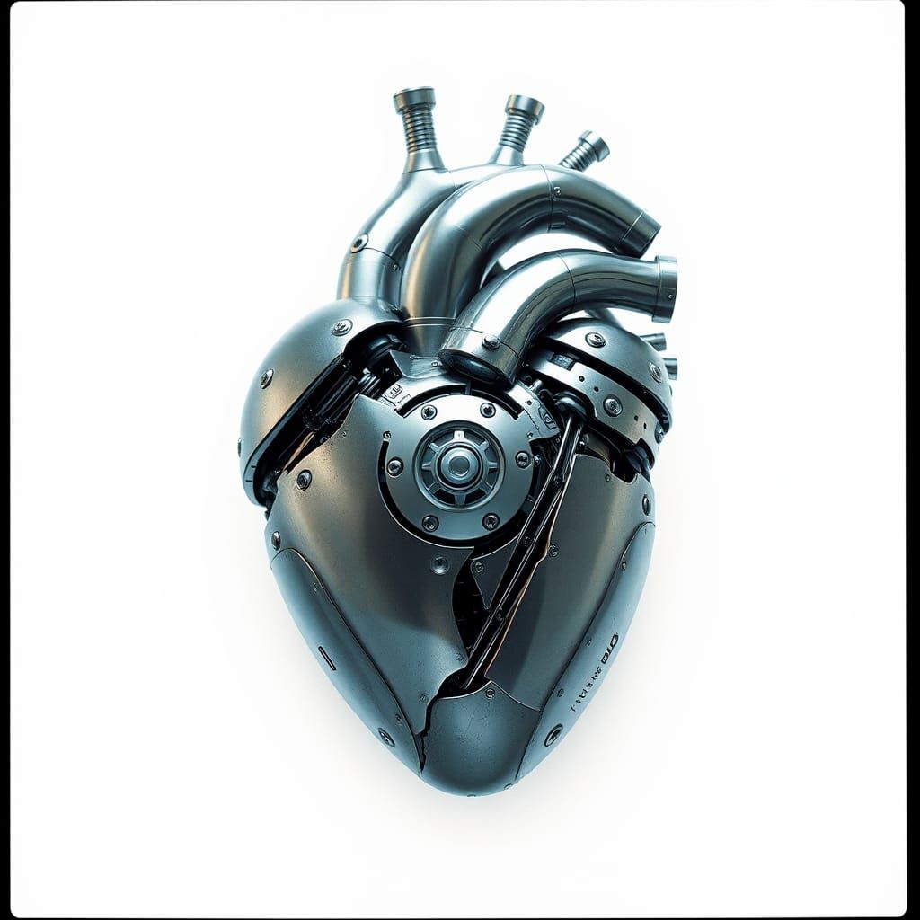 Intricate Mechanical Heart on White, Cinematic Still
