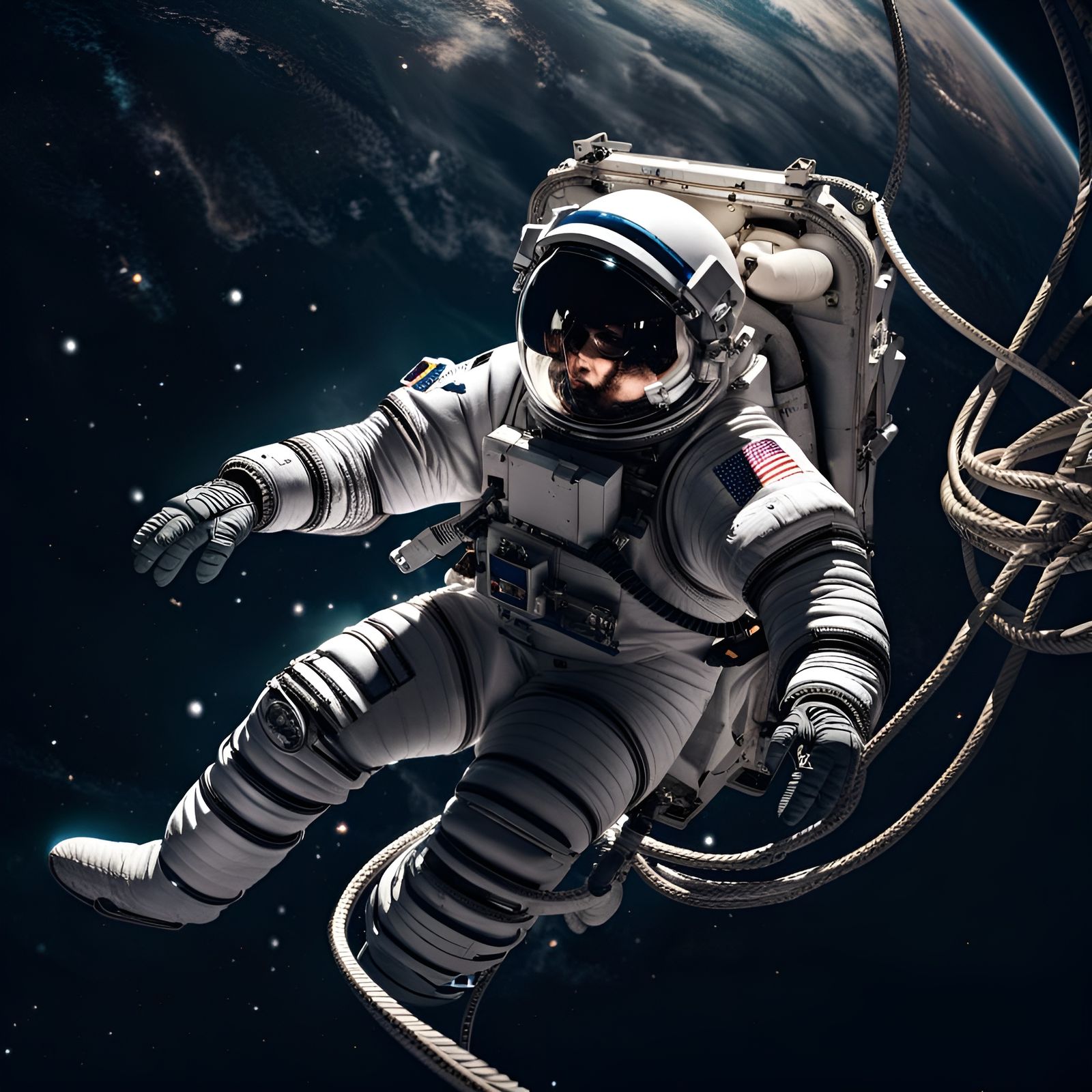 Hyperrealistic Astronaut Reaching for Shuttle Cable