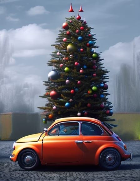 Fiat 500 with Christmas Tree, Matte Painting