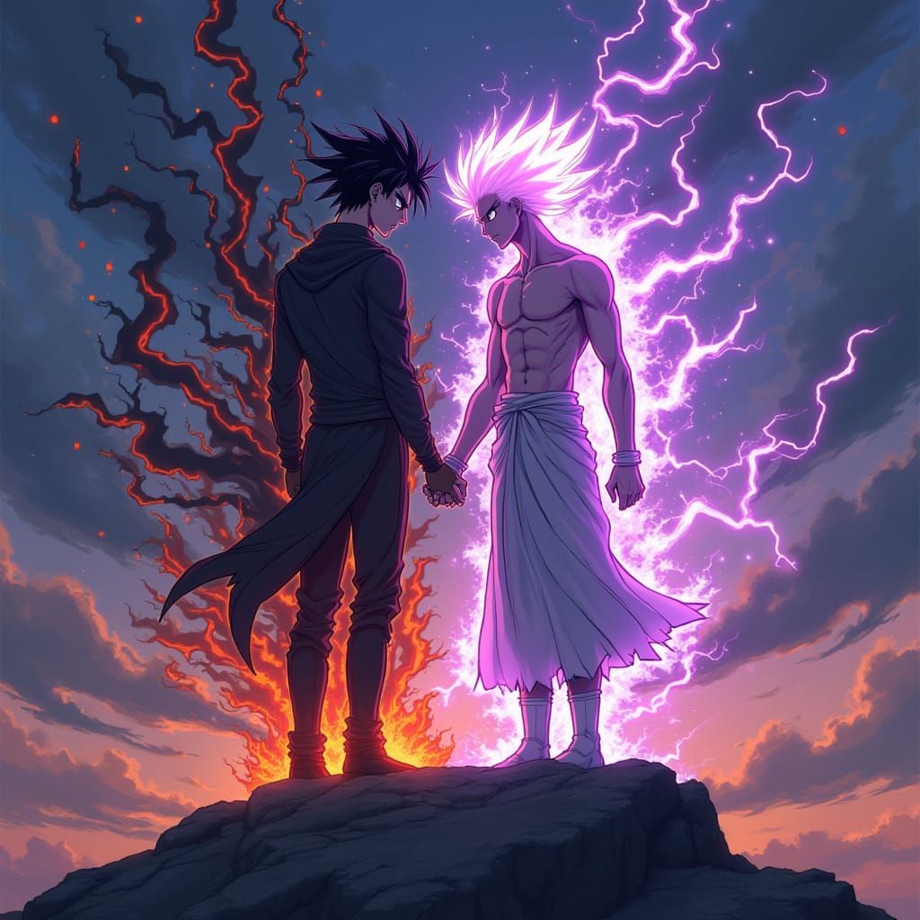 Two Anime Warriors Stand Above a Realm of a Million Worlds