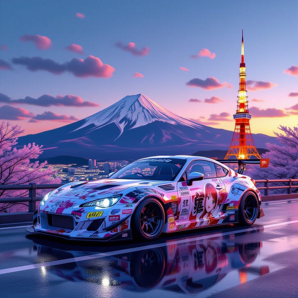 Itasha Car Overlooking Mount Fuji in 3D Style
