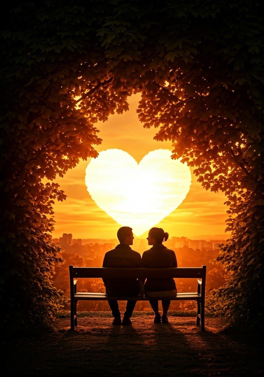 Heart-Shaped Sunset Photo of Couple in Park