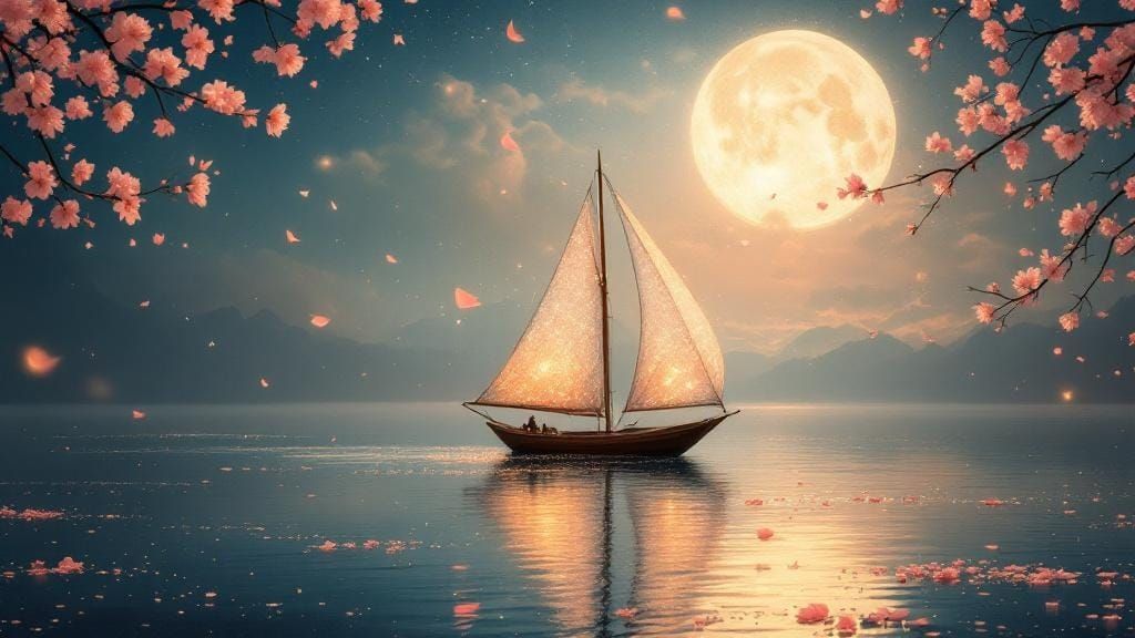 Moonlit Sailboat on Serene Lake: Sfumato Fine Art