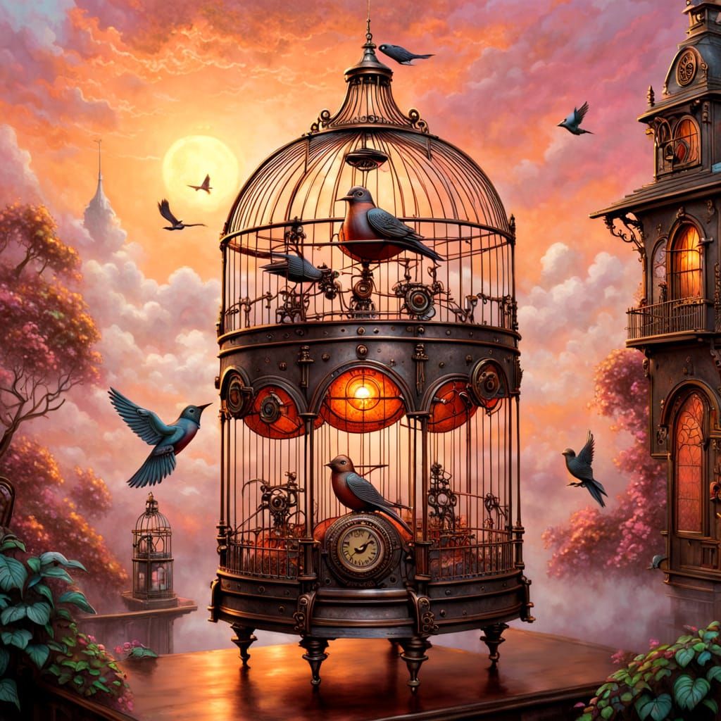 Steampunk Birdcage with Mechanical Bird at Sunset