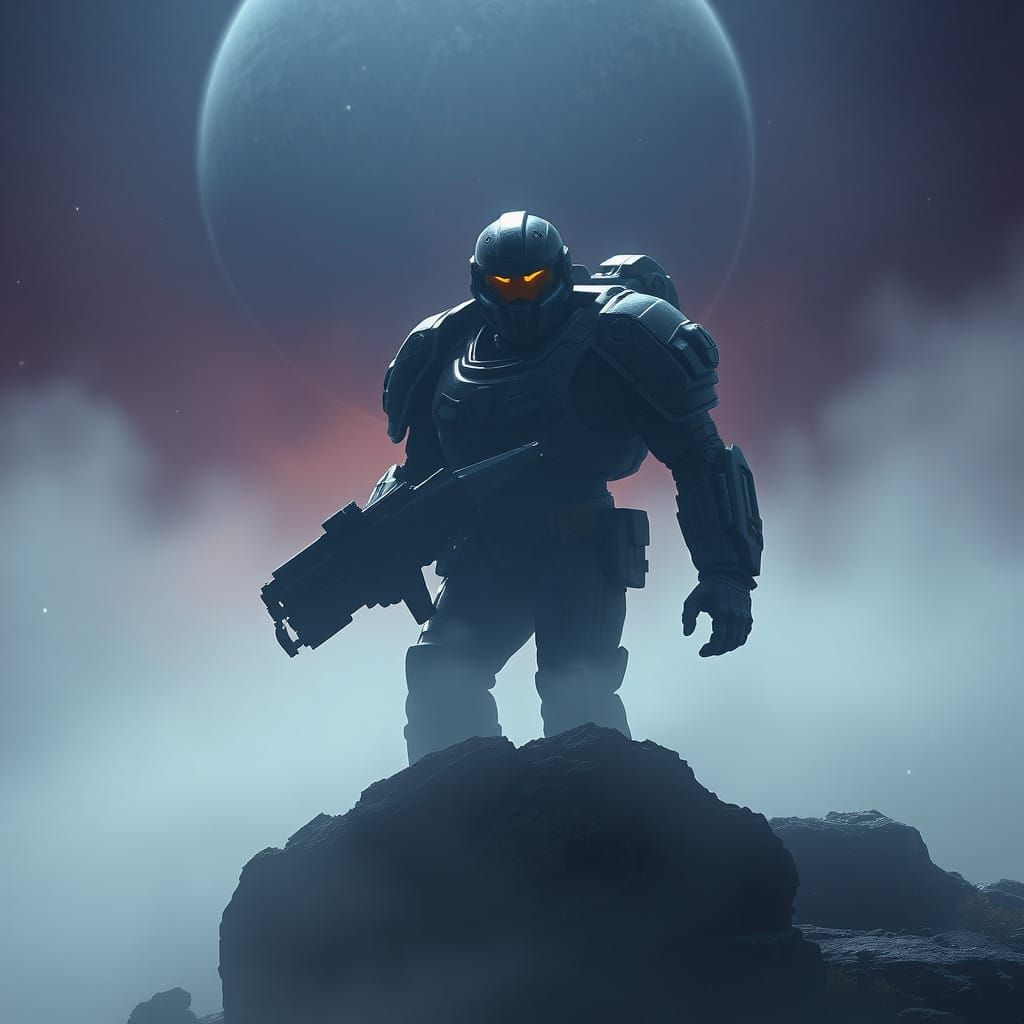 Fantastical Space Marine Surveys a Foggy, Futuristic Battlef...