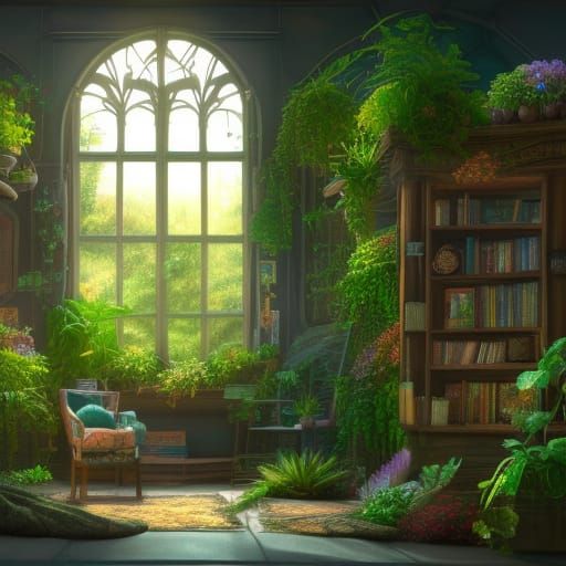 Cozy Reading Nook with Plants: Fantasy Concept Art