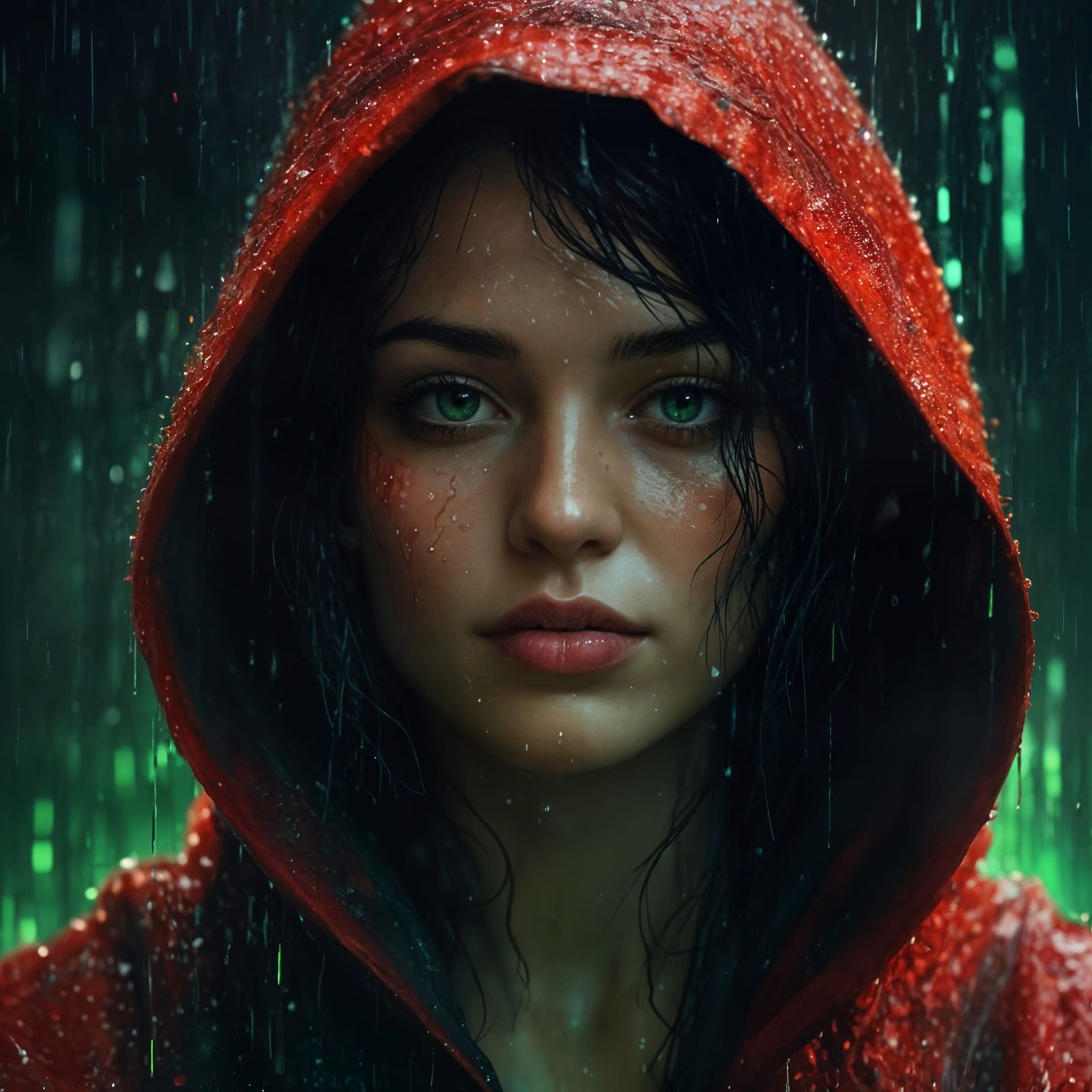 Glowing Digital Heart Surrounded by Monochromatic Rain in Cy...