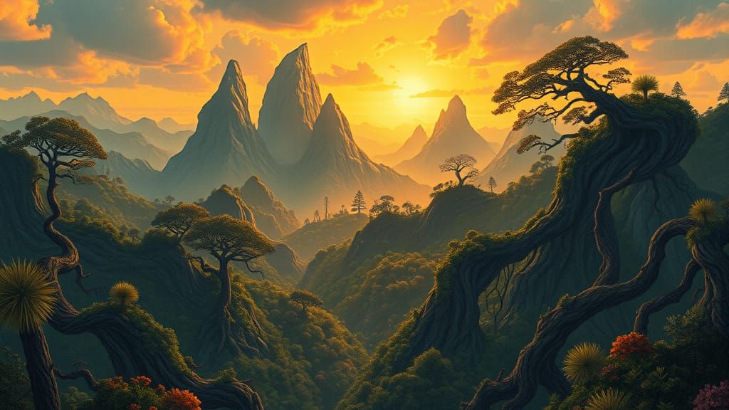 Mystic Forest Landscape in Art Nouveau Style