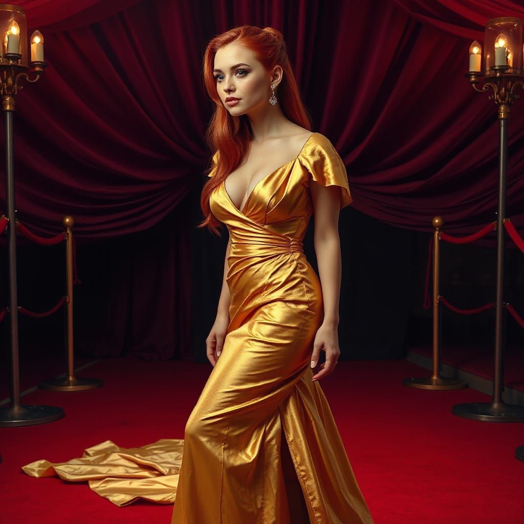 Woman in Gold Dress on Red Carpet, Hyperrealistic