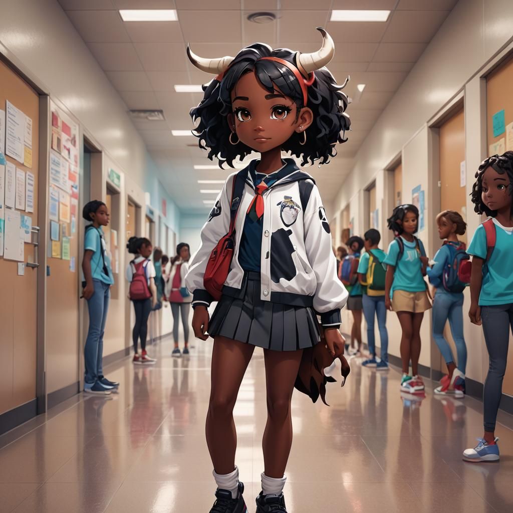 Anime Chibi Cow Girl in High School Hallway