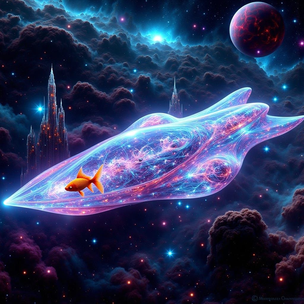 Surreal Cosmic Spaceship Soars Through Vibrant, Iridescent N...