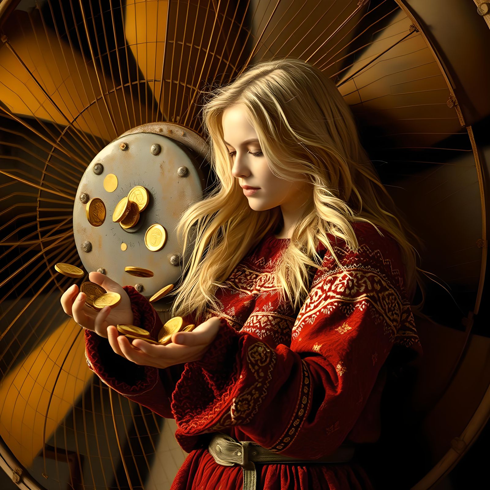 Nordic Woman and Gold Coins: Oil Painting