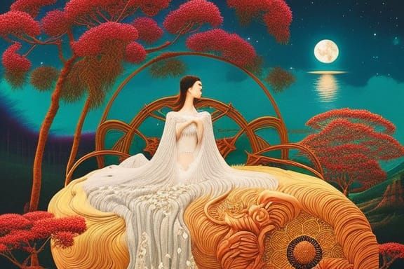 Celestial Woman in Surreal Flower Bed, Detailed Fairytale Ar...