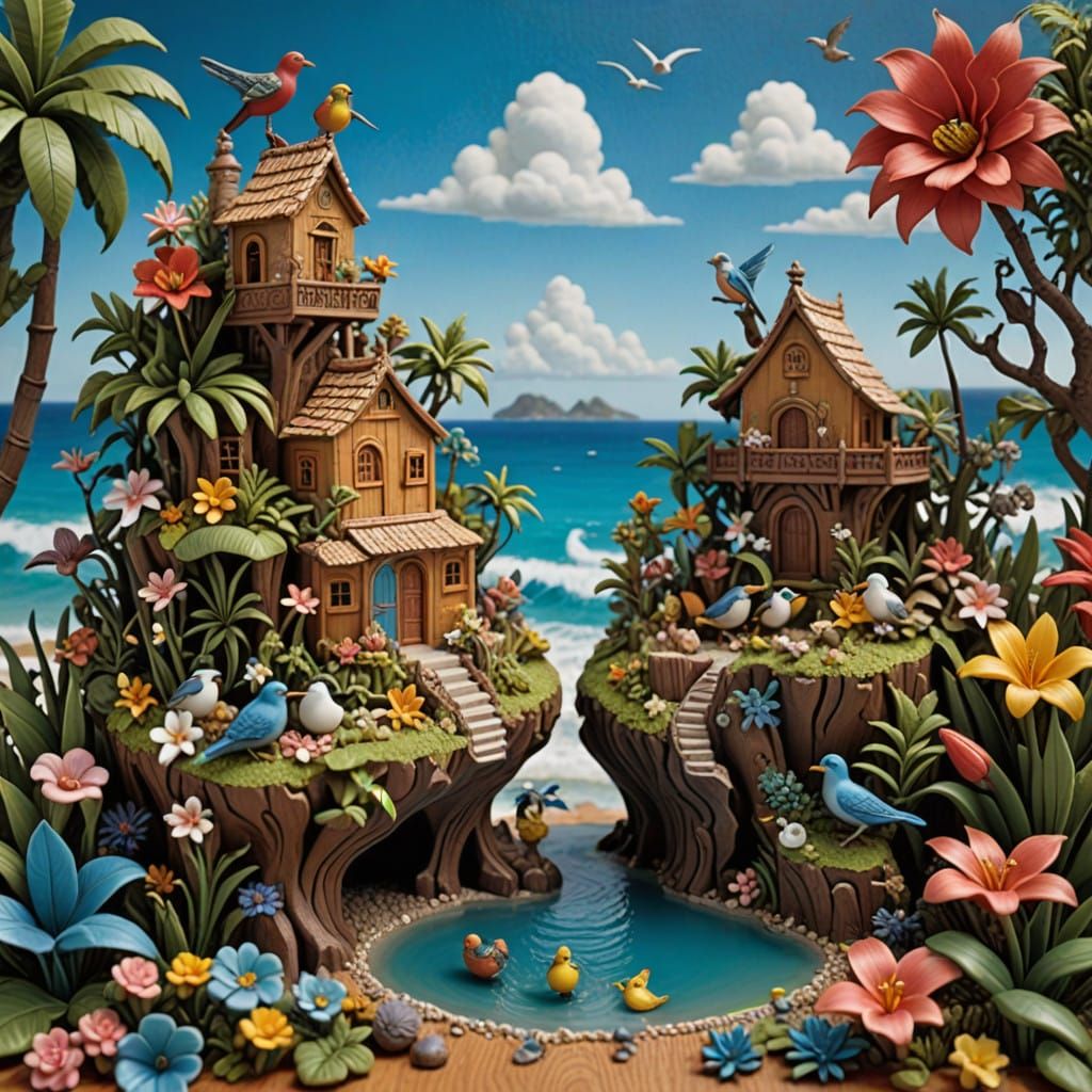 Vibrant Clay Miniature Scene on Wooden Table