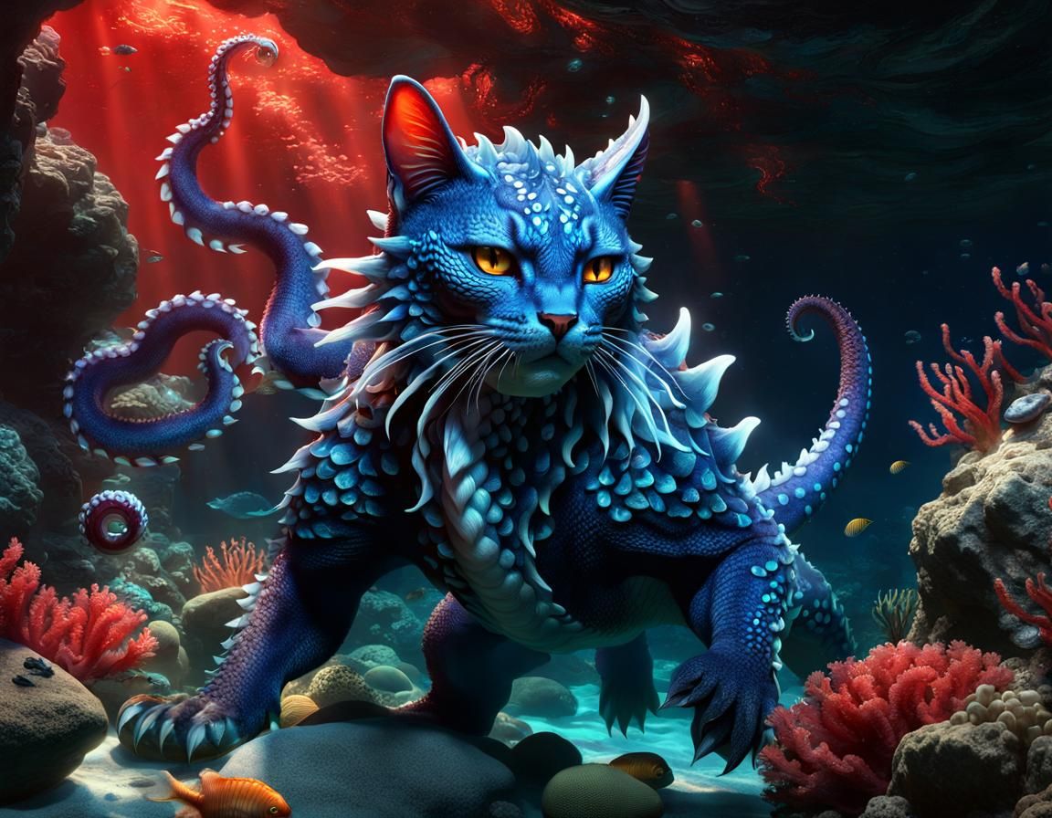 Underwater Dragon Cat in Deep Water, Fantasy Art