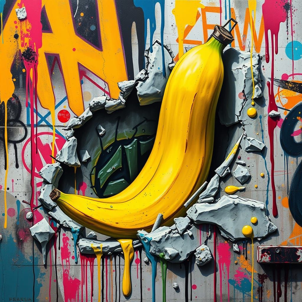 Banana Smashes Through Concrete in Vibrant Graffiti Art