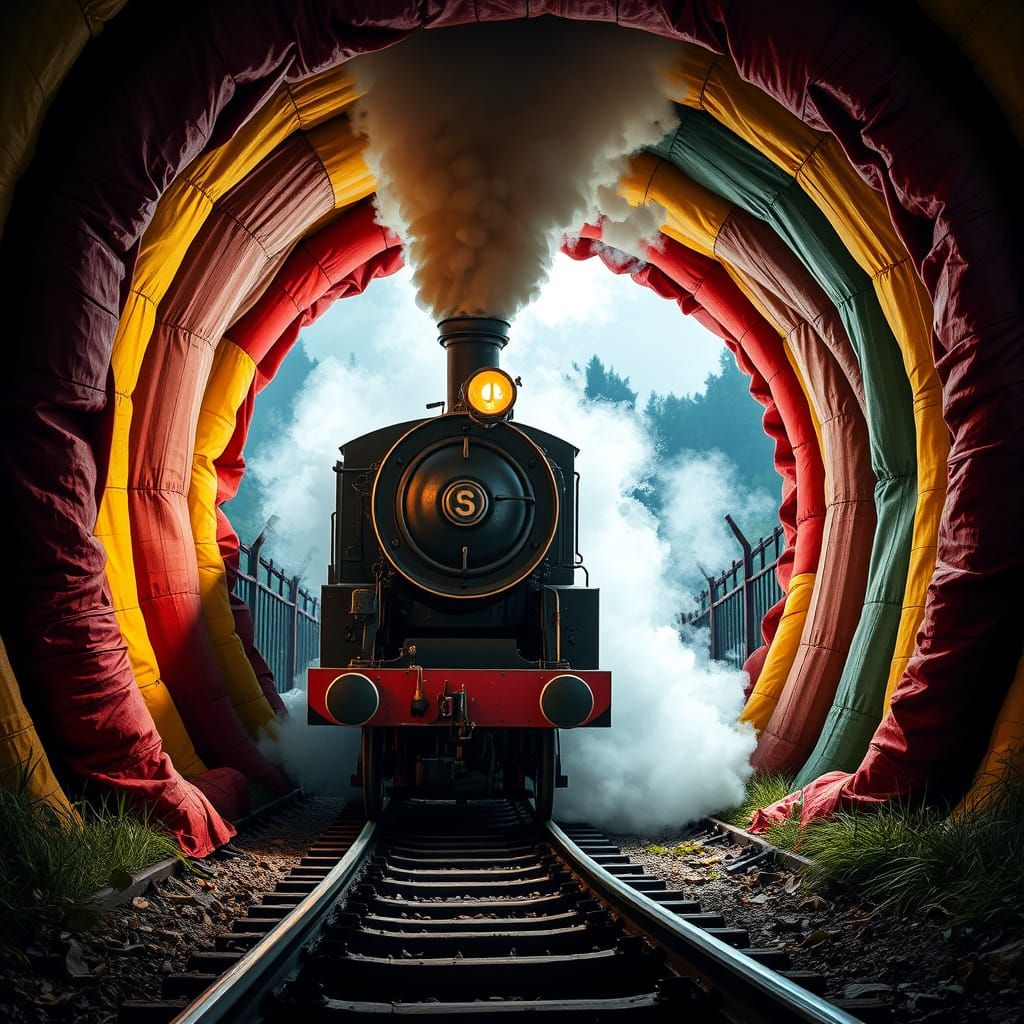 Steam Train Emerges from Clown Tunnel