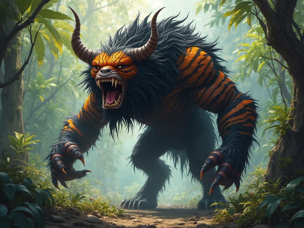 Fearsome Striped Creature in Jungle, Hyperrealistic Style