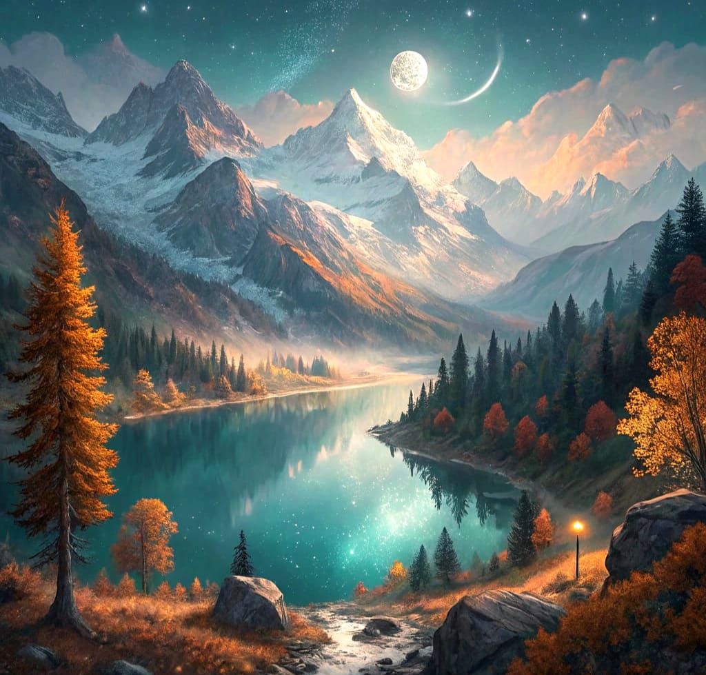 Shimmering Autumn Lake in Alps: Impressionist Watercolour