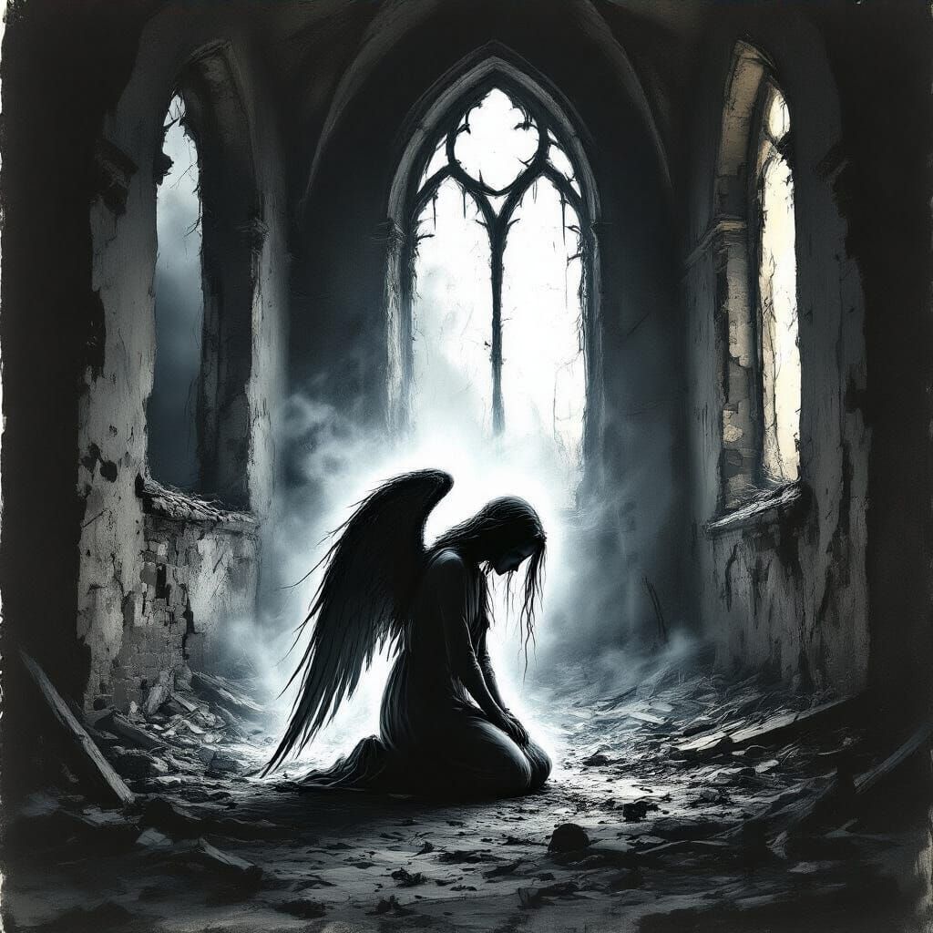 Ethereal Angel Kneeling in Burnt Church Ruins