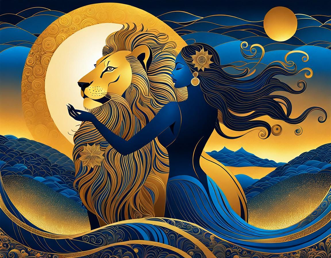 Woman and Lion in Metallic Gold and Blue
