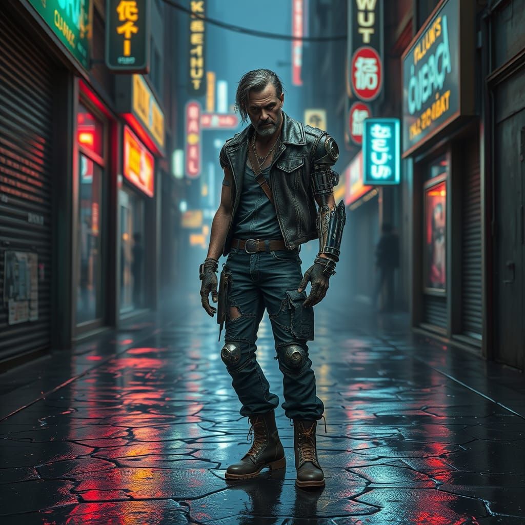 Cyborg Outlaw in Gritty Dieselpunk Alleyway