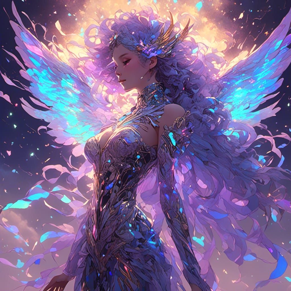 Winged Angel in Electric Galaxy Nebula