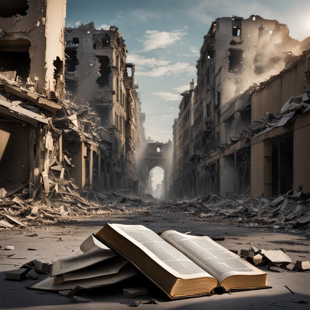 Jesus Christ Emerges from Bible in Ruined City