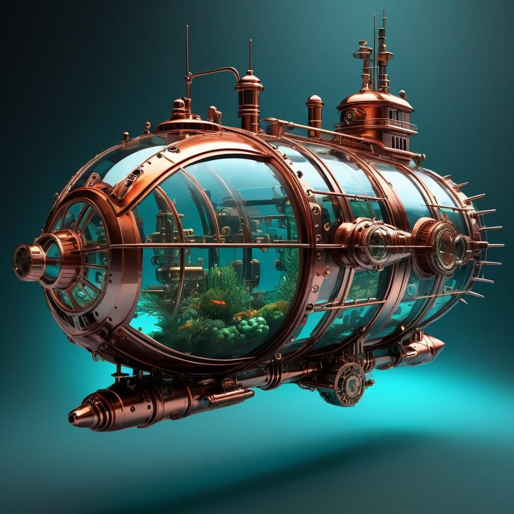Steampunk Submarine with Fractal Designs Underwater