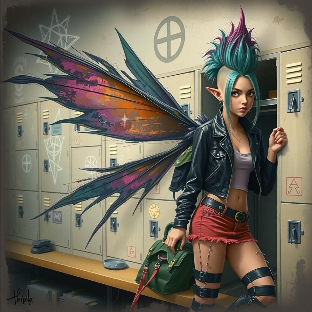 Rebellious Pixie in High School Hallway: Digital Art