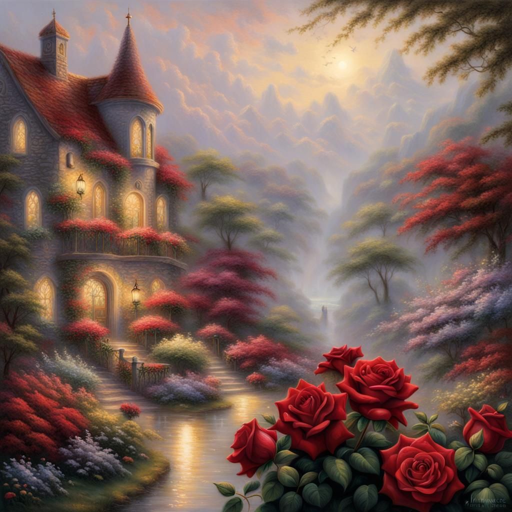 Ethereal Red Rose in a Thomas Kinkade Style